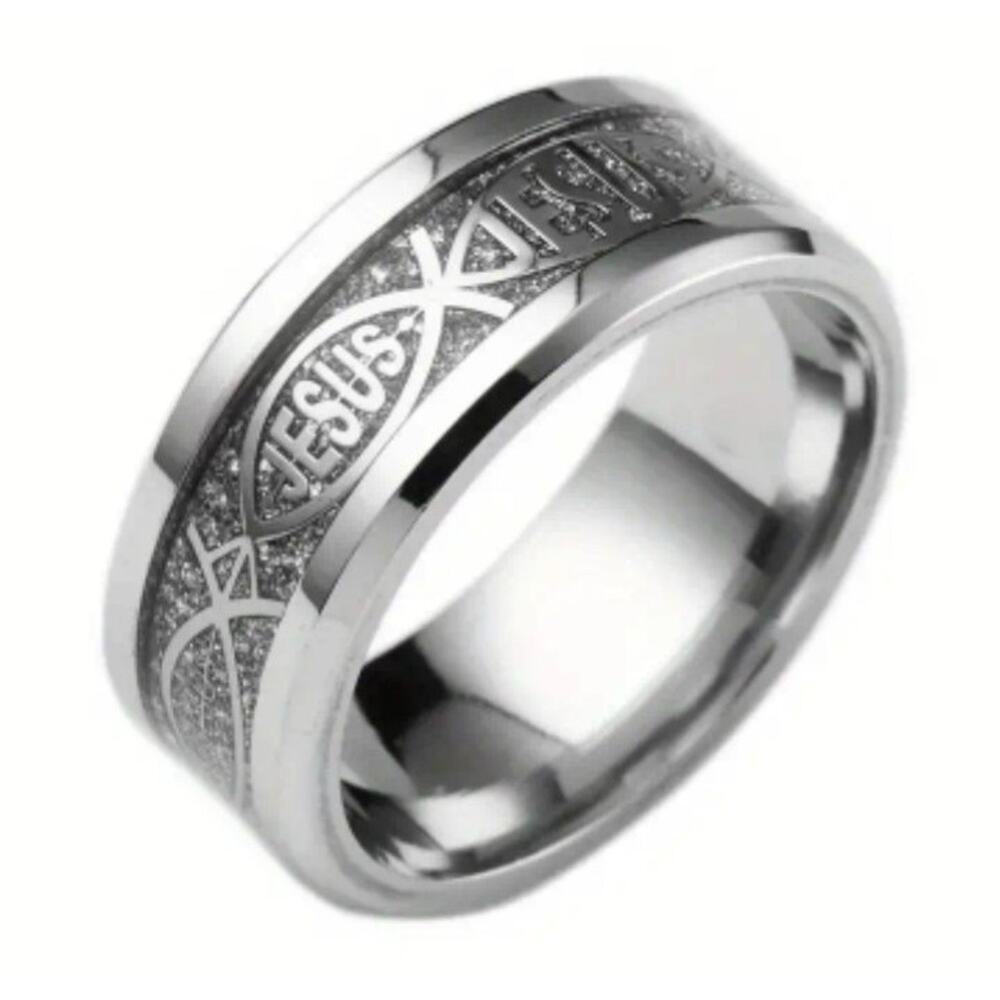 Jesus Ring Christian Fish Cross Silver & Steel Size Avail. - 6, 7, 8, 9, 10 & 11